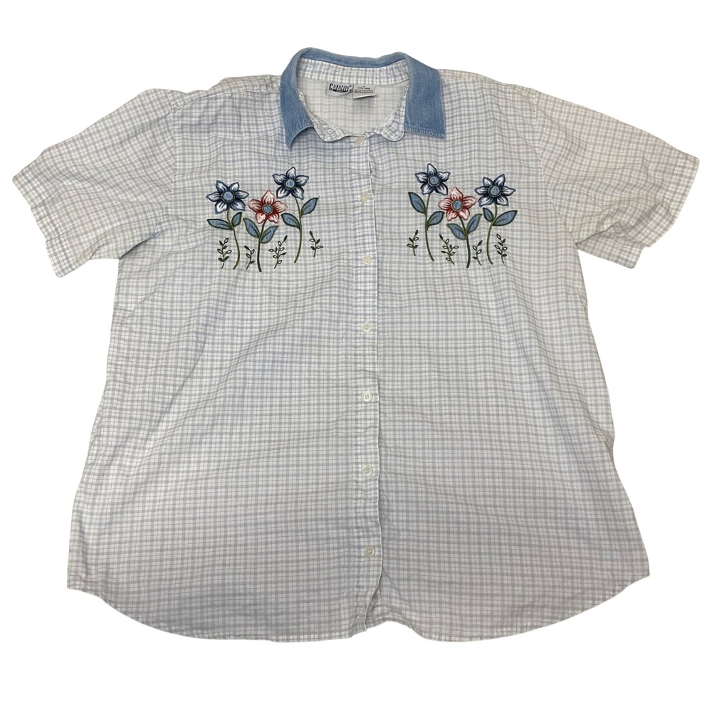 Capacity Woman 2X Embroidered Floral Gingham Button Front Blouse Blue White